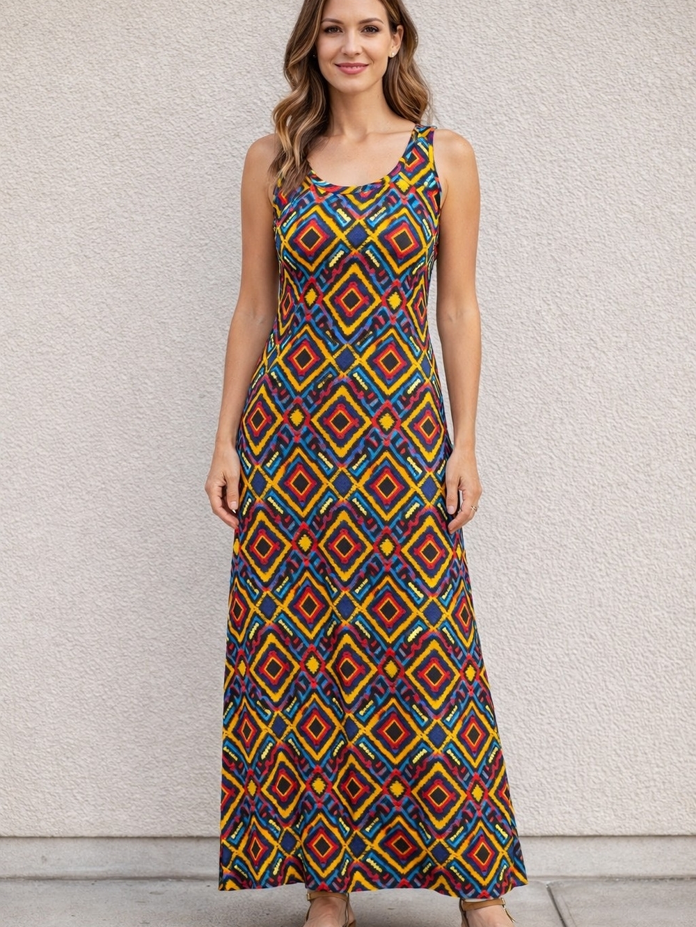 Masseys Sleeveless Geometric Print Maxi Dress in Multicolor